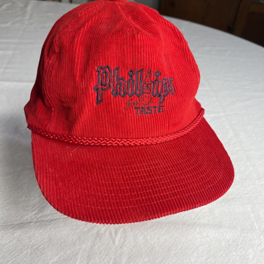 Vtg Embroidered￼ Phillips I’ve Got Taste red corduroy hat Snapback Old Man Cap